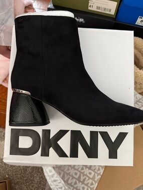 DKNY Black Suede Ankle Boots with Textured Block Heel